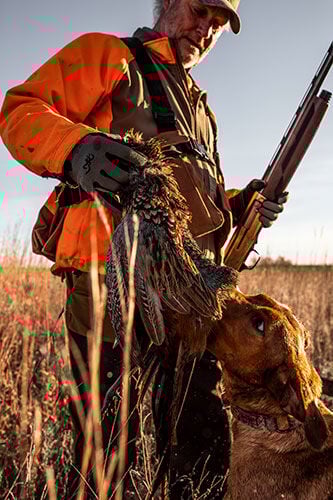 hunter holding pheasant with dog nearby